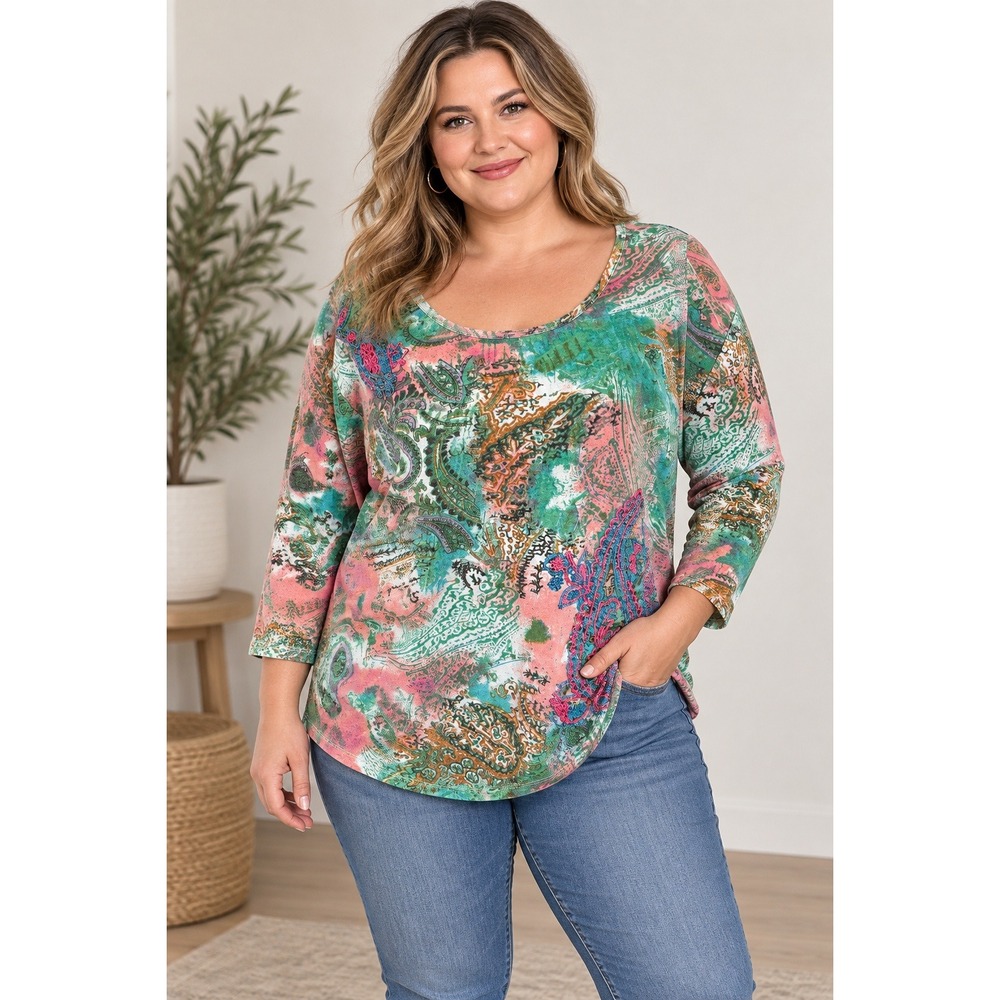 Life Style Woman Paisley Top Womens 1X Boho Embroidered Sequin Cotton Tunic